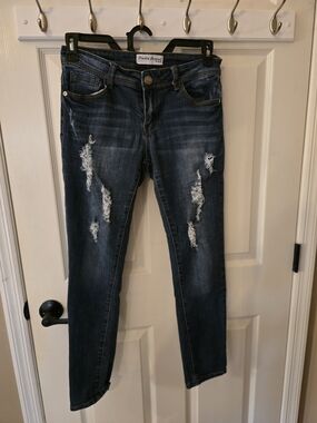 Dark Blue Distressed Skinny Jeans — Women's Stretch Denim